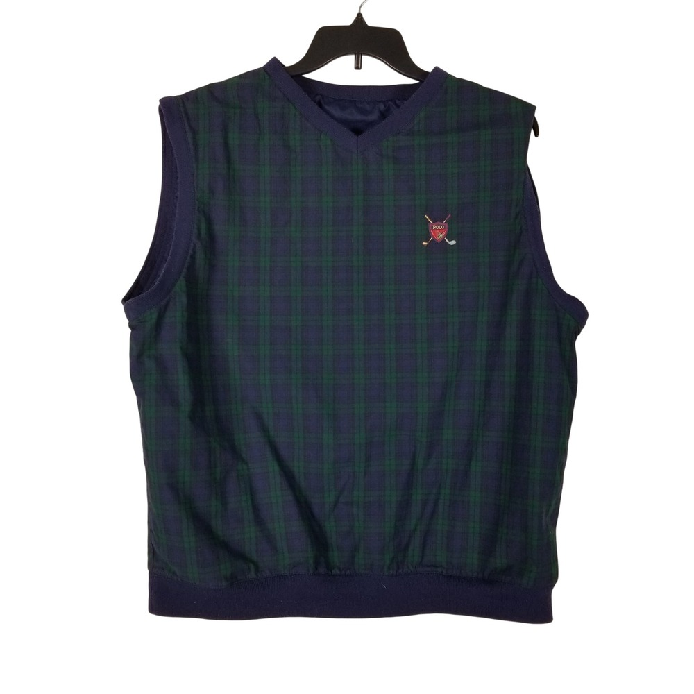 Polo Ralph Lauren Golf Vest Mens XL Navy Blue Green Plaid Reversible V-Neck